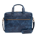 Tony Perotti 1-compartment laptop bag in Blue wax-finished vegetable-tanned Tuscan leather, back view with brass-zipped pocket and strap
