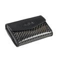 Tony Perotti COIN Furbo card holder in Carbon Black vegetable-tanned leather with carbon-fibre fabric, closed, showing the coin flap and logo