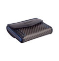 Tony Perotti COIN Furbo card holder in Carbon Black & Blue vegetable-tanned leather with carbon-fibre fabric, closed, blue stitching