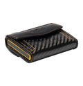 Tony Perotti COIN Furbo card holder in Carbon Black & Yellow, vegetable-tanned leather with carbon-fibre fabric, closed, coin pocket flap