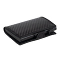 Tony Perotti STANDARD Furbo card holder in Carbon Black vegetable-tanned leather with carbon-fibre fabric, closed, press-stud tab