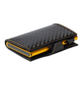 Tony Perotti STANDARD Furbo card holder in Carbon Black & Yellow, vegetable-tanned leather with carbon-fibre fabric, closed with press-stud strap