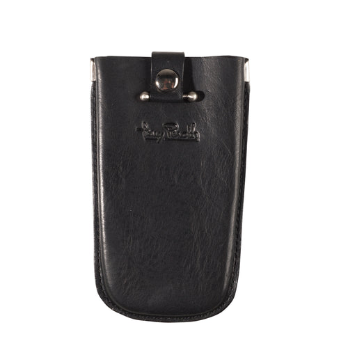 Tony Perotti bell-shaped key pouch in Black leather, closed, front view with press-stud strap and embossed logo