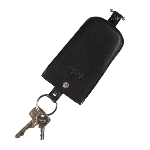 Tony Perotti bell-shaped key pouch in Black Italian vegetable-tanned leather, keys pulled out on the press-stud key strap and ring
