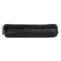 Tony Perotti zipped pencil case in Black Italian vegetable-tanned leather, closed, side view of the tubular case with metal zip pull