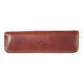 Tony Perotti zipped pencil case for 2 pens in Dark Brown Italian vegetable-tanned leather, closed, lying horizontally with embossed logo