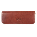 Tony Perotti zipped pencil case for 3 pens in Dark Brown Italian vegetable-tanned leather, closed, lying horizontally with embossed logo