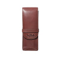 Tony Perotti pencil case for 2 pens in Dark Brown Italian vegetable-tanned leather, closed, front view with logo flap and strap loop