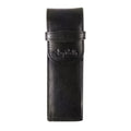 Tony Perotti pencil case for 2 pens in Black Italian vegetable-tanned leather, closed, front view showing the flap, strap loop and logo