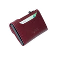 Tony Perotti STANDARD Furbo card holder in Burgundy Italian vegetable-tanned leather, front view with a card in the outer slot and logo