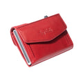 Tony Perotti COIN Furbo card holder in Red Italian vegetable-tanned leather, closed, showing the coin pocket flap and embossed logo