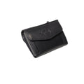 Tony Perotti COIN Furbo card holder in Black Italian vegetable-tanned leather, closed, showing the coin pocket flap and embossed logo