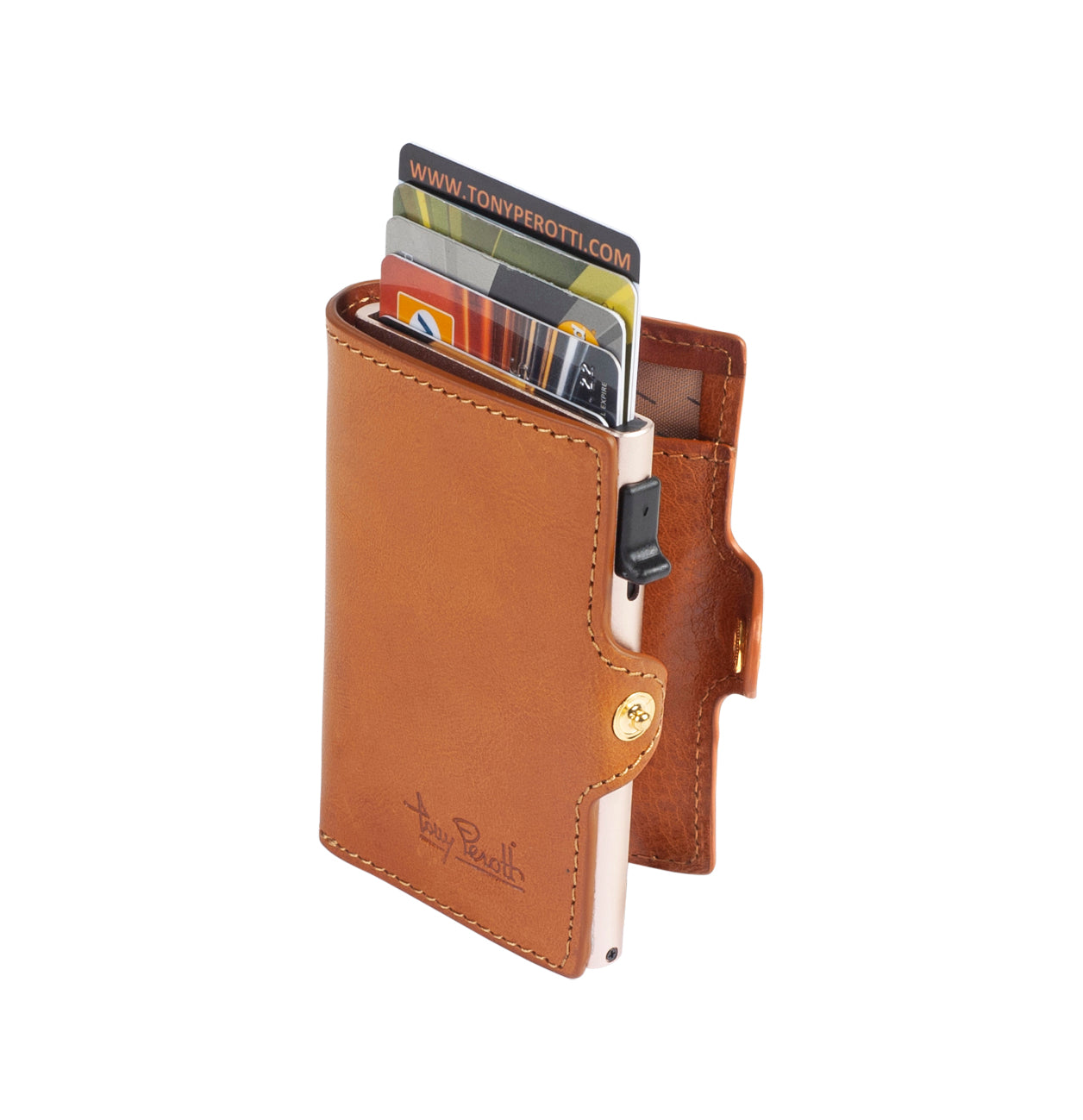 A brown Furbo RFID credit card holder made of Italian vegetal leather with an aluminum case, shown with cards extended from the holder.