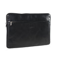 Tony Perotti 13-inch laptop sleeve in Black vegetable-tanned leather, three-quarter front view with zip front pocket and embossed logo