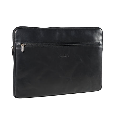 Tony Perotti 13-inch laptop sleeve in Black vegetable-tanned leather, three-quarter front view with zip front pocket and embossed logo