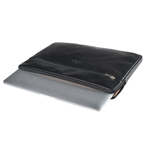Tony Perotti 13-inch laptop sleeve in Black leather lying flat, partly unzipped with a silver laptop sliding out