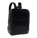 Tony Perotti 2-compartment business backpack in Black Italian vegetable-tanned leather, three-quarter front view with zip front pocket and top handle