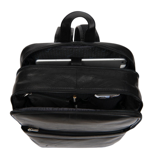 Tony Perotti 2-compartment business backpack in Black leather seen from above, both compartments open showing a tablet, pen and phone pockets