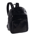 Tony Perotti city backpack in Black Italian vegetable-tanned leather, three-quarter front view with zip front pocket and embossed logo