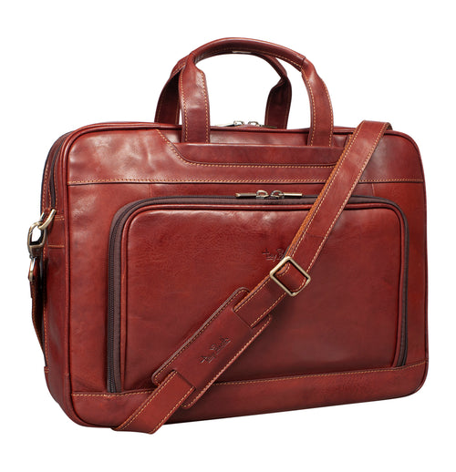 Tony Perotti 2-compartment 42 cm laptop briefcase in Brown Italian vegetable-tanned leather, front with zipped pocket and shoulder strap