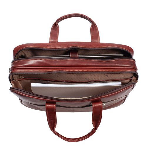 Tony Perotti 2-compartment 42 cm laptop briefcase in Brown leather, top view with both compartments unzipped, laptop and notepad inside