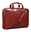 Tony Perotti 1-compartment laptop bag in Brown Italian vegetable-tanned leather, front view with zipped front pocket and shoulder strap