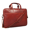 Tony Perotti 1-compartment laptop bag in Brown Italian vegetable-tanned leather, front view with embossed logo and shoulder strap