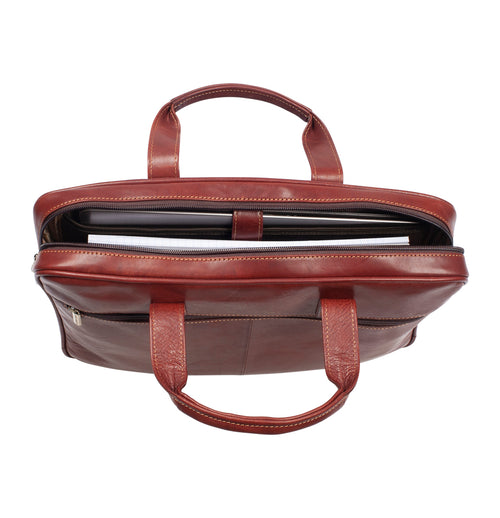 Tony Perotti 1-compartment laptop bag in Brown leather, top view unzipped, showing a laptop and papers in the main compartment