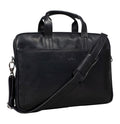Tony Perotti 1-compartment laptop bag in Black Italian vegetable-tanned leather, three-quarter view with twin handles and padded shoulder strap