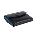Tony Perotti COIN Furbo card holder in Black & Dark Blue Italian vegetable-tanned leather, closed, coin flap, logo and blue stitching