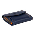 Tony Perotti COIN Furbo card holder in Dark Blue & Orange Italian vegetable-tanned leather, closed, showing the coin flap and embossed logo
